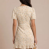Short floral dress with gathered neckline