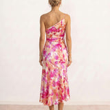 Printed midi dress with asymmetric neckline