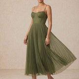 Pleated Midi Dress with Straps