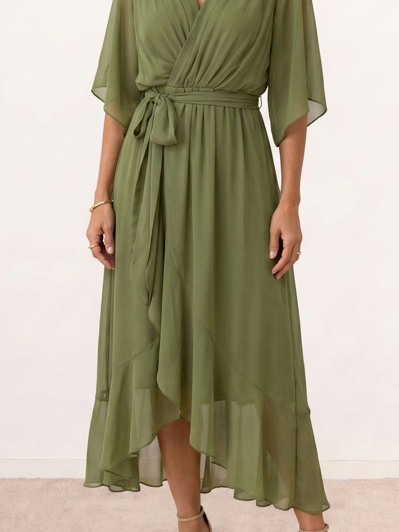 Crossed midi dress with belt