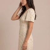 Short floral dress with gathered neckline
