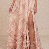 Long dress with halter neckline and slit