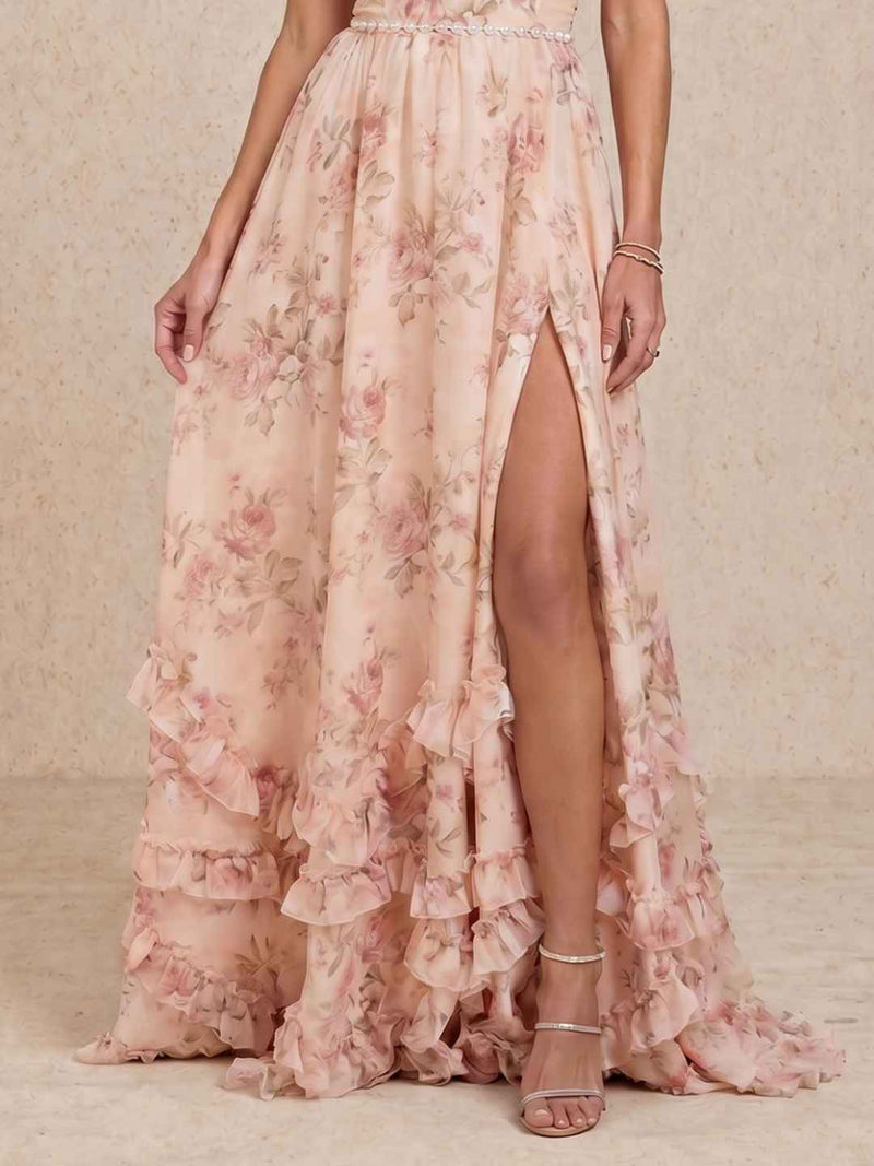 Long dress with halter neckline and slit