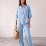 Linen set with batwing sleeves and wide pants