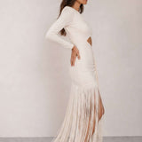 Asymmetrical midi dress with fringes