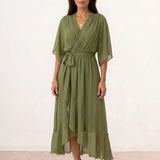 Crossed midi dress with belt