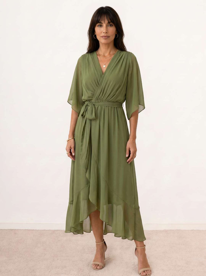 Crossed midi dress with belt
