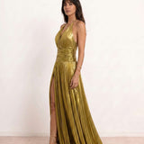 Long pleated dress with halter neck
