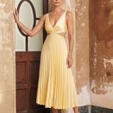 Midi pleated dress with V-neck