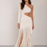Asymmetrical midi dress with fringes