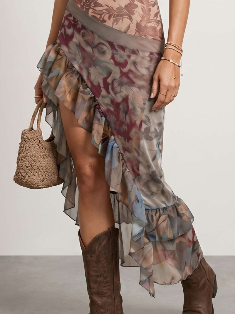 Printed tulle dress with ruffles
