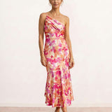 Printed midi dress with asymmetric neckline