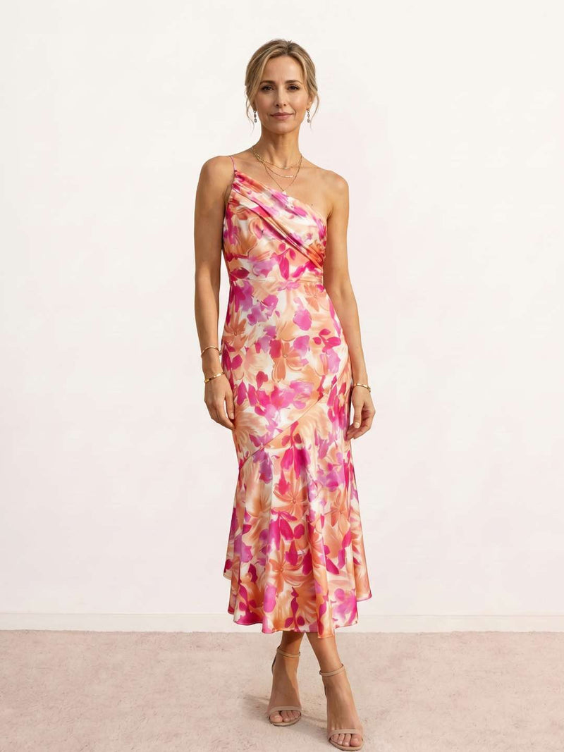 Printed midi dress with asymmetric neckline