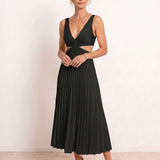Midi pleated dress with V-neck