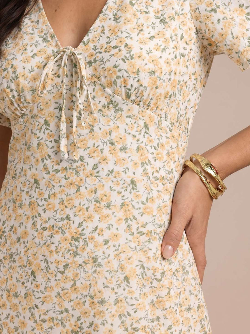 Short floral dress with gathered neckline