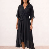 Crossed midi dress with belt