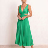 Midi pleated dress with V-neck