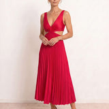 Midi pleated dress with V-neck