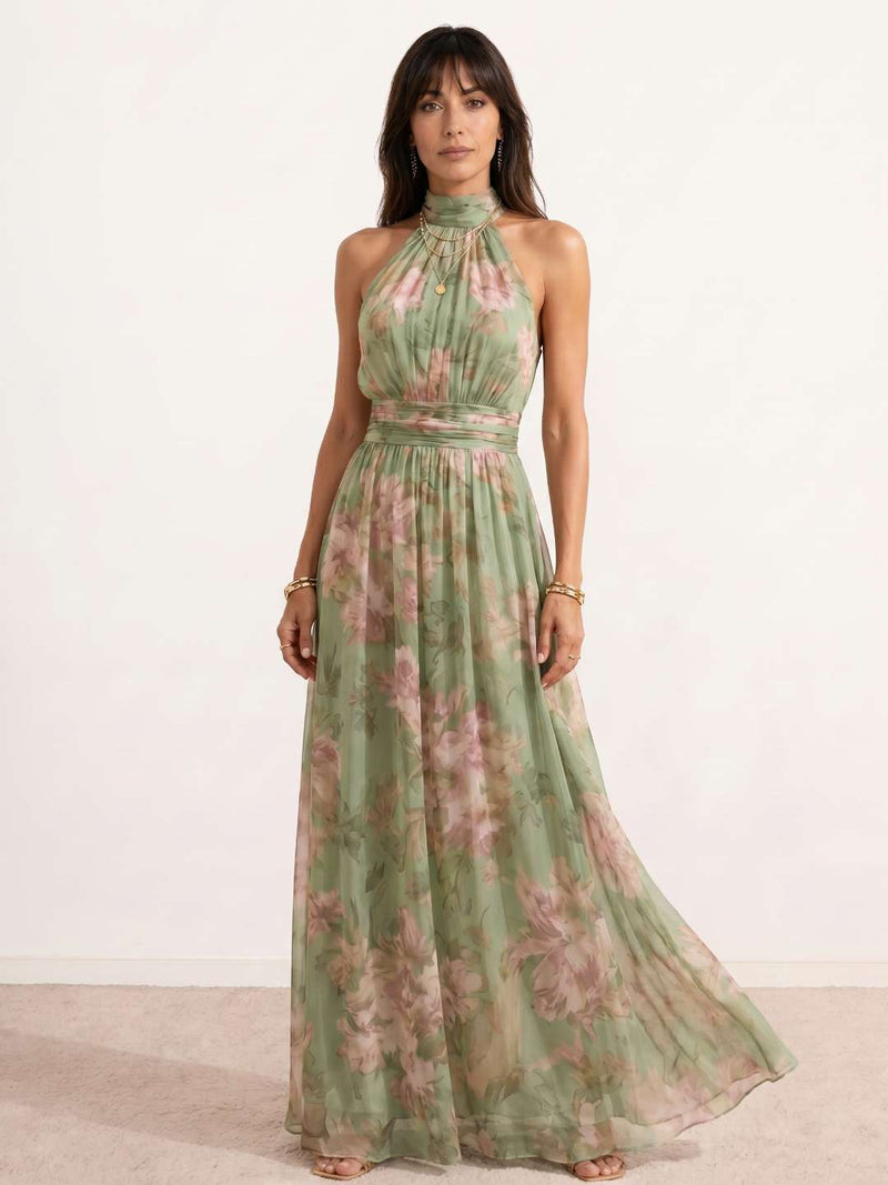 Long dress with halter neck and floral print