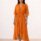 Crossed midi dress with belt