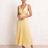 Midi pleated dress with V-neck