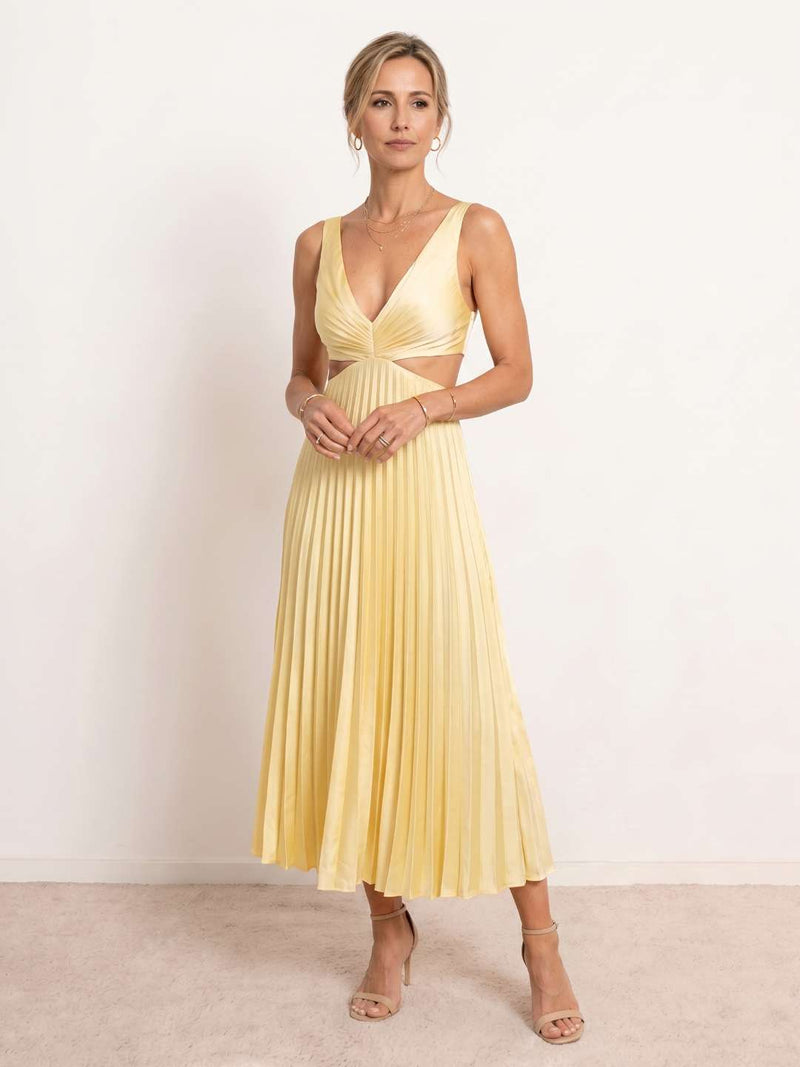 Midi pleated dress with V-neck