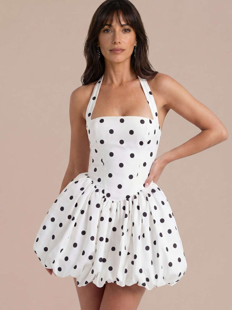 Short polka dot dress with voluminous skirt