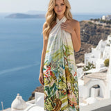 White Tropical Print Halter Neck Maxi Dress