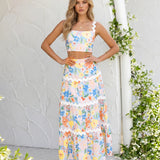 Floral Print Strapless Crop Top Set with Maxi Ruffled Skirt