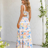 Floral Print Strapless Crop Top Set with Maxi Ruffled Skirt