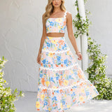 Floral Print Strapless Crop Top Set with Maxi Ruffled Skirt