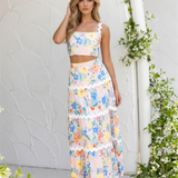 Floral Print Strapless Crop Top Set with Maxi Ruffled Skirt