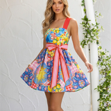 Mini A-Line Lemon Print Linen Blend Dress with Bow Tie Back
