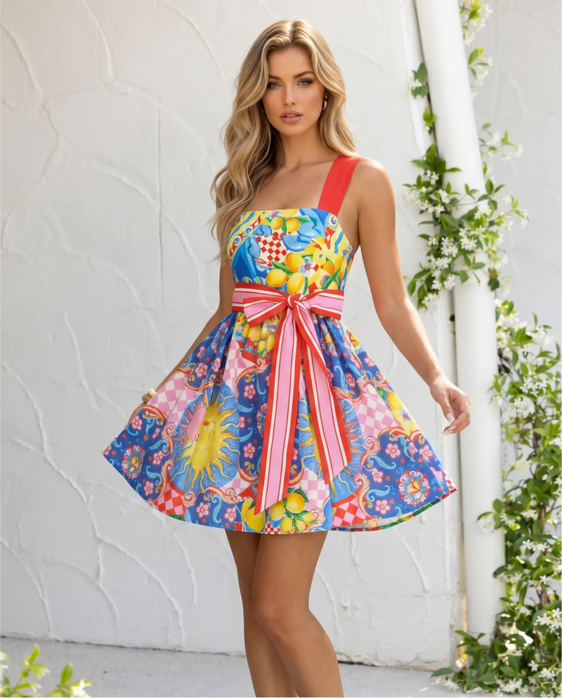 Mini A-Line Lemon Print Linen Blend Dress with Bow Tie Back