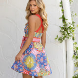 Mini A-Line Lemon Print Linen Blend Dress with Bow Tie Back
