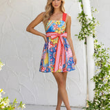 Mini A-Line Lemon Print Linen Blend Dress with Bow Tie Back