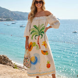 Beige Tropical Maxi Dress with Off-the-Shoulder Design