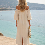 Beige Tropical Maxi Dress with Off-the-Shoulder Design
