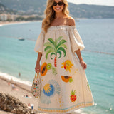 Beige Tropical Maxi Dress with Off-the-Shoulder Design