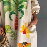 Beige Tropical Maxi Dress with Off-the-Shoulder Design