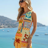 One-Shoulder Maxi Dress with Nautical Print