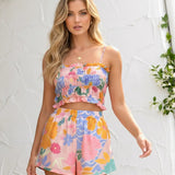 Two-Piece Linen Set with Spaghetti Straps and Ruffles in Floral Print