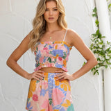 Two-Piece Linen Set with Spaghetti Straps and Ruffles in Floral Print