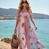 Maxi Dress with Spaghetti Straps and Pink Floral Print
