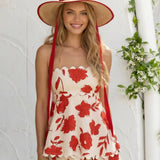 Two-Piece Short Sleeveless Linen Set with Beige Floral Print and Wave Detail