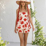 Two-Piece Short Sleeveless Linen Set with Beige Floral Print and Wave Detail