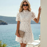 White Floral Lace Mini Dress with High Neck and Puff Sleeves