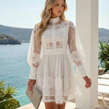 White Lace Mini A-Line Dress with Long Sleeves and High Neck