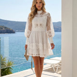 White Lace Mini A-Line Dress with Long Sleeves and High Neck