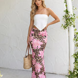Maxi Skirt with Fitted Body in Pink Leopard Floral Print